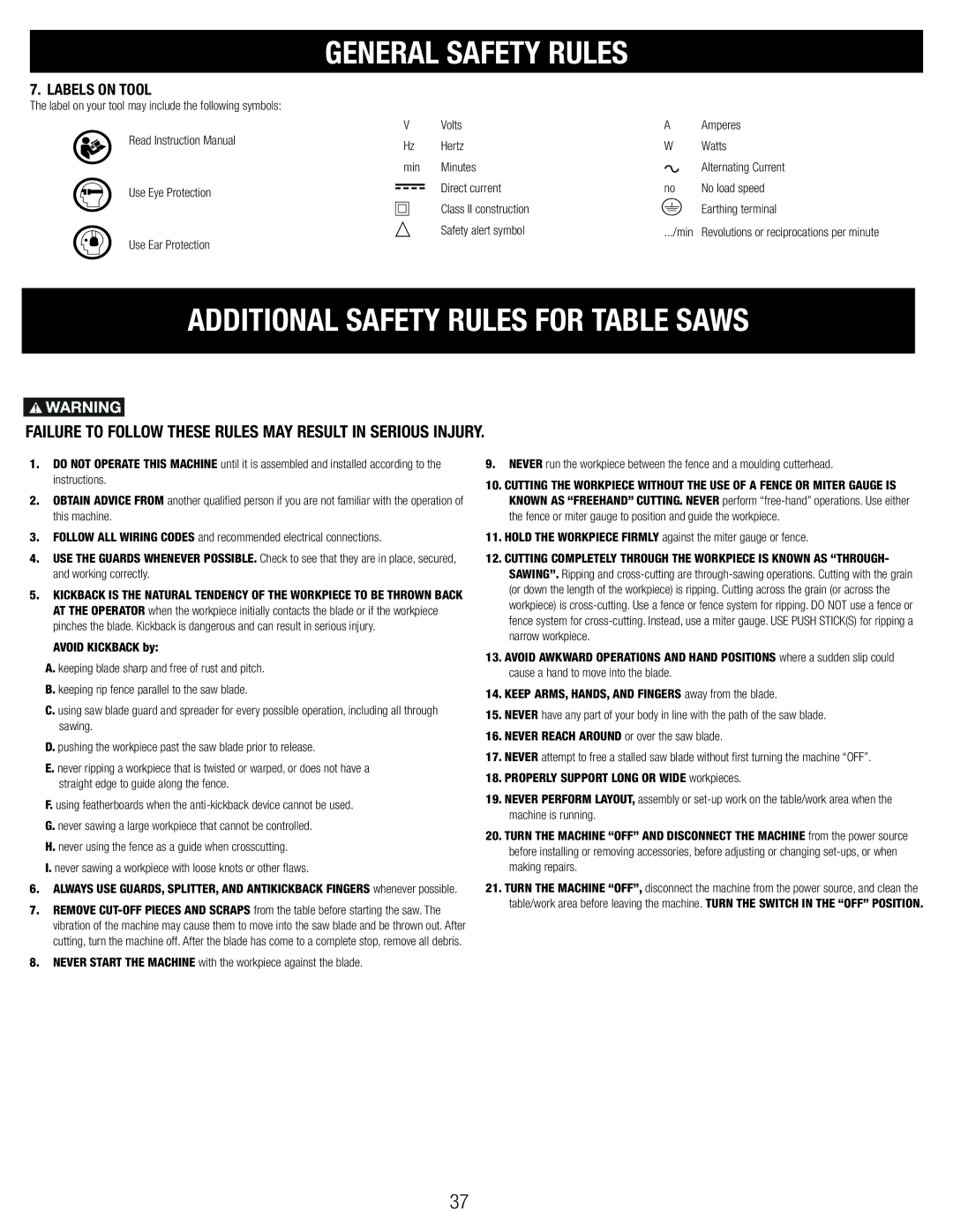 Black & Decker 90544326, BT1800 manual Additional Safety Rules for Table Saws, Labels on Tool 