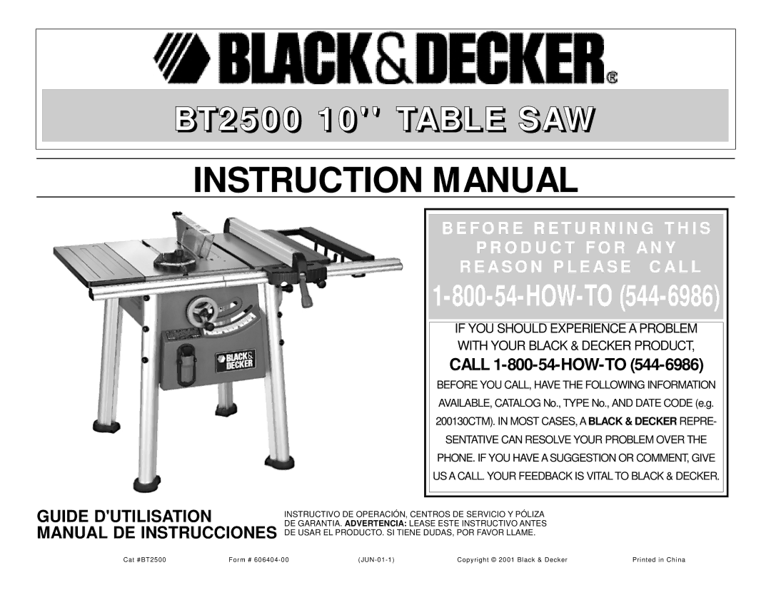 Black & Decker 606404-00 instruction manual BT2500 10 Table SAW 