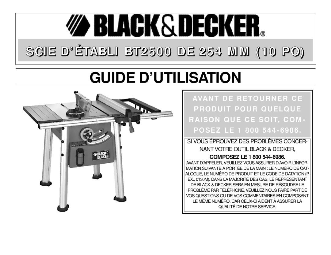 Black & Decker 606404-00, BT2500 instruction manual Guide D’UTILISATION 