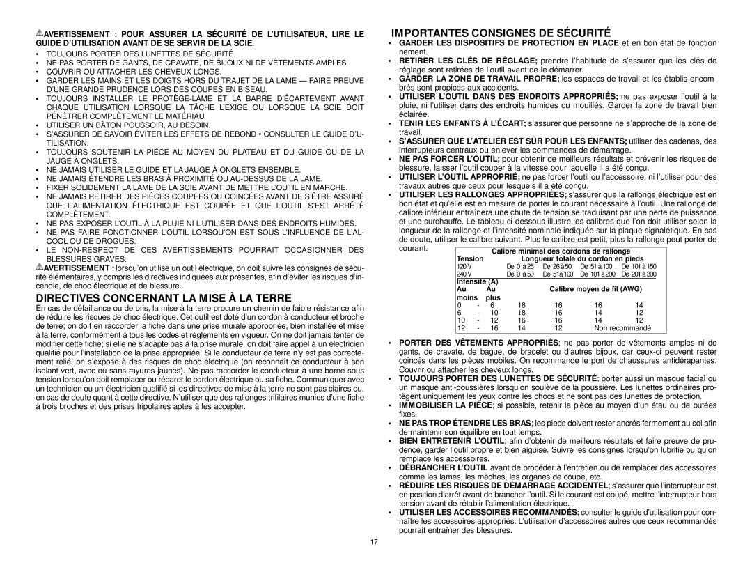 Black & Decker 606404-00, BT2500 Directives Concernant LA Mise À LA Terre, Importantes Consignes DE Sécurité 