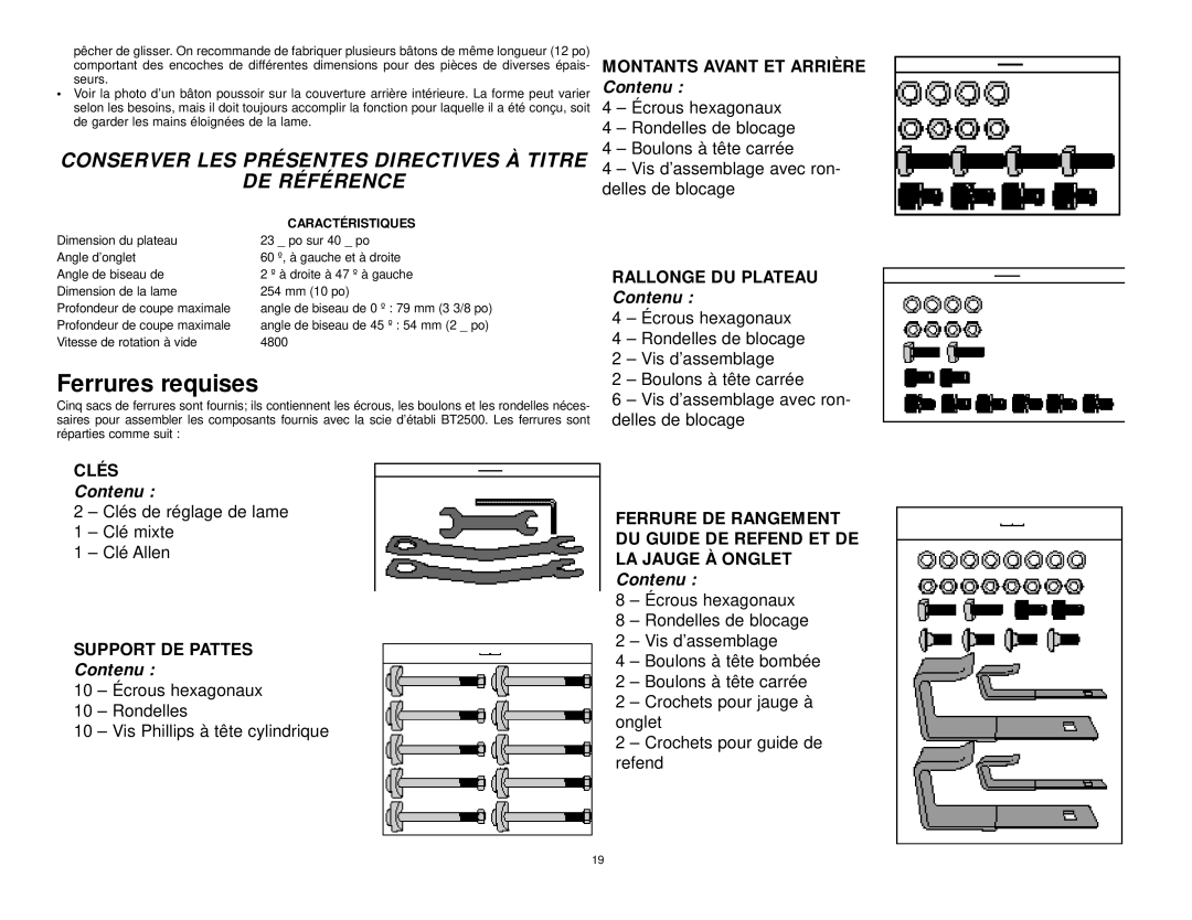 Black & Decker 606404-00 Ferrures requises, Montants Avant ET Arrière, Clés, Support DE Pattes, Rallonge DU Plateau 