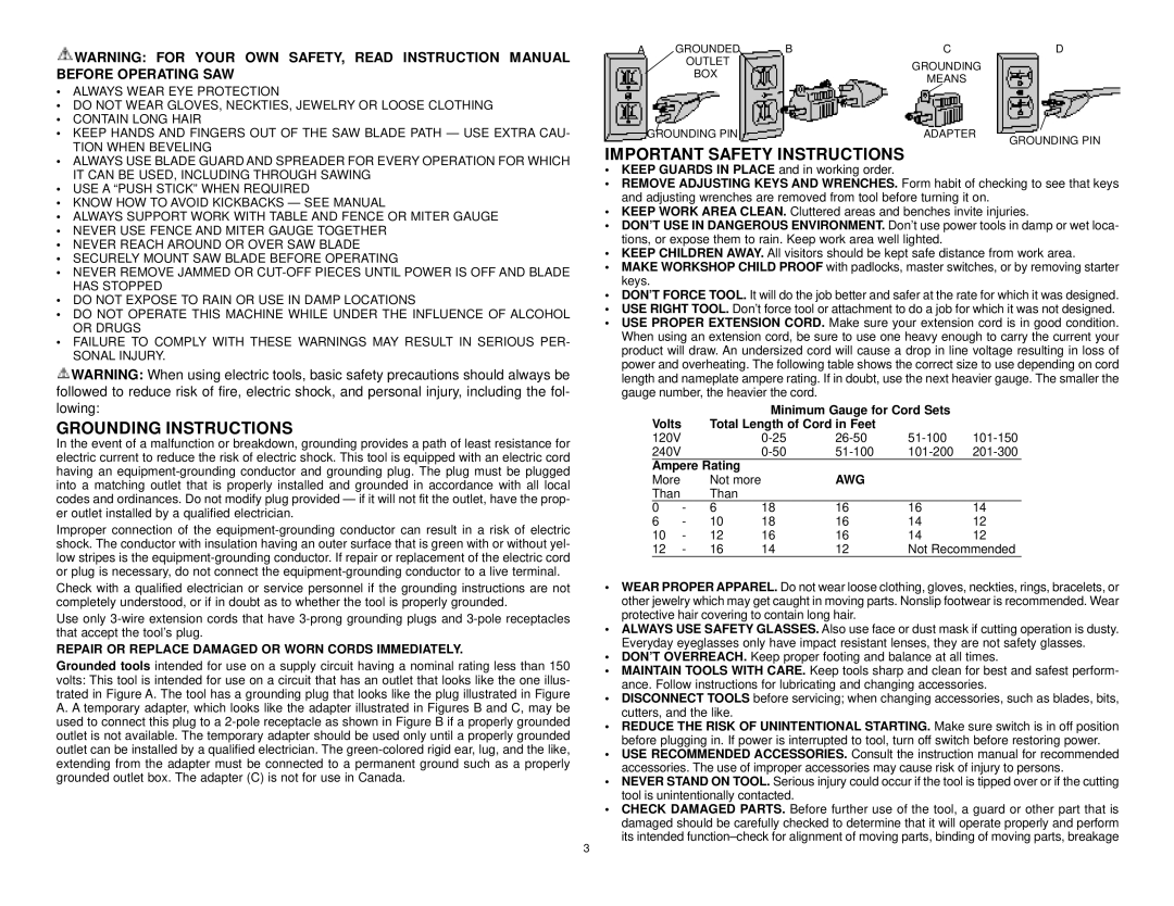 Black & Decker 606404-00, BT2500 instruction manual Grounding Instructions, Important Safety Instructions 