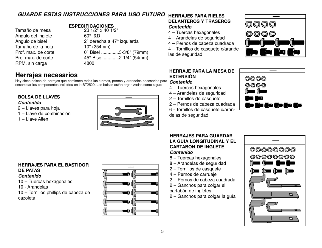 Black & Decker BT2500, 606404-00 Herrajes necesarios, Especificaciones, Bolsa DE Llaves, Herraje Para LA Mesa DE Extensión 