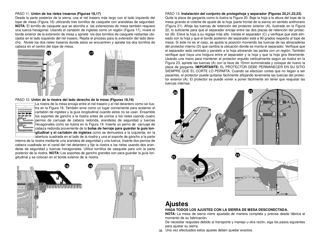 Black & Decker BT2500, 606404-00 instruction manual Ajustes, Paso 11. Unión de los rieles traseros Figuras 16,17 