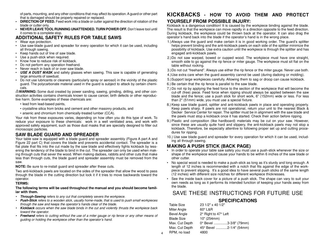 Black & Decker BT2500 Additional Safety Rules for Table Saws, SAW Blade Guard and Spreader, Making a Push Stick Back 