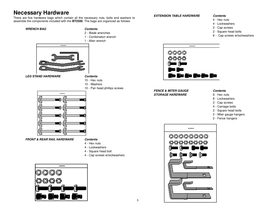 Black & Decker 606404-00, BT2500 instruction manual Necessary Hardware, Extension Table Hardware 