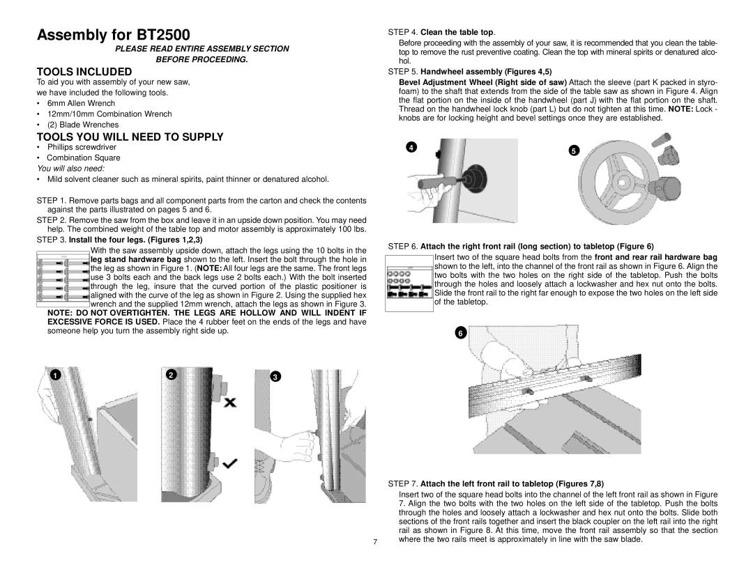 Black & Decker 606404-00 instruction manual Assembly for BT2500, Tools Included, Tools YOU will Need to Supply 