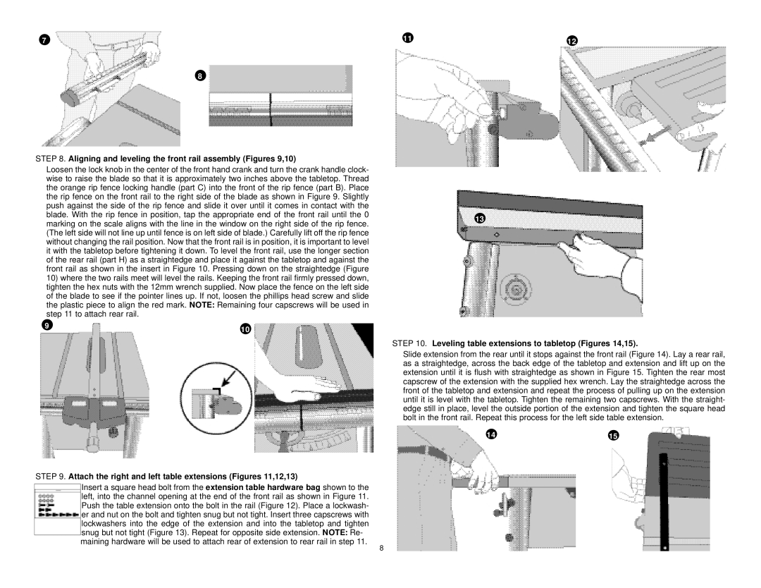 Black & Decker BT2500, 606404-00 instruction manual Aligning and leveling the front rail assembly Figures 9,10 