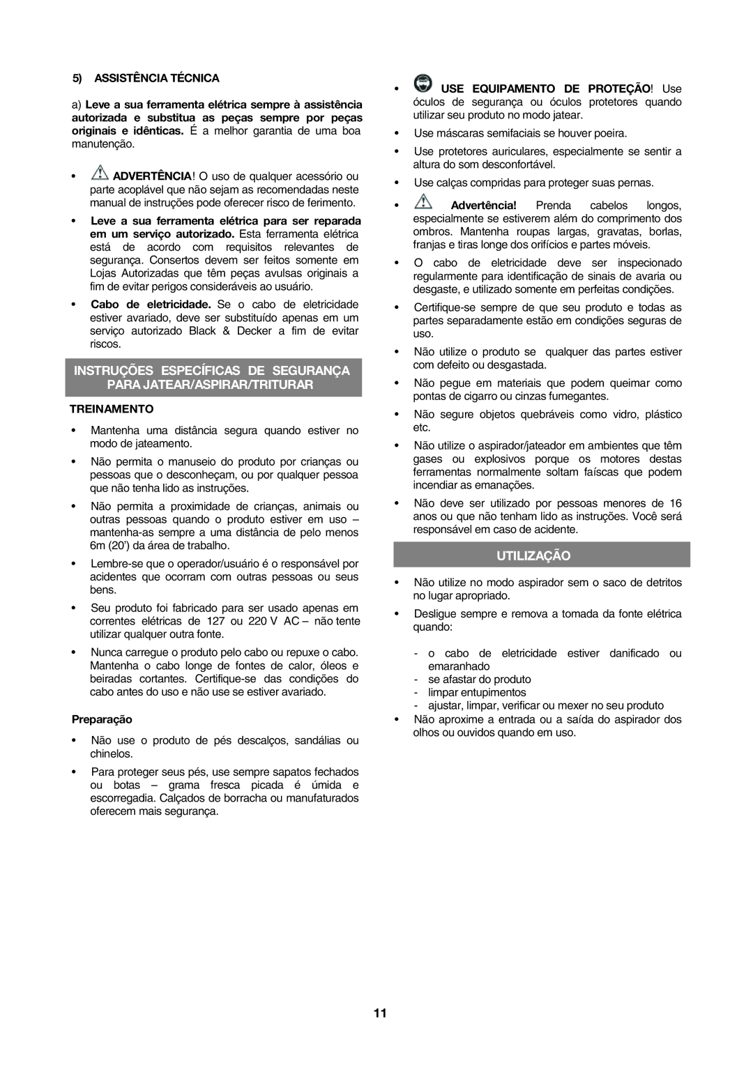 Black & Decker BV2200 instruction manual Utilização, Assistência Técnica, Treinamento, Preparação 