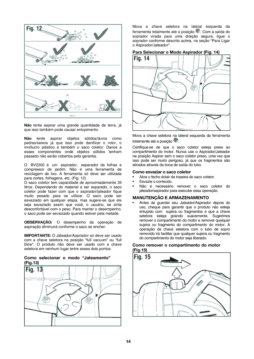 Black & Decker BV2200 Como selecionar o modo Jateamento, Para Selecionar o Modo Aspirador Fig, Manutenção E Armazenamento 