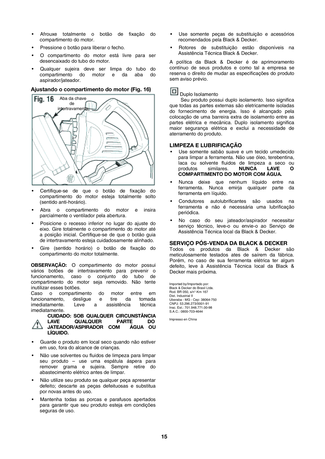 Black & Decker BV2200 Ajustando o compartimento do motor Fig, Limpeza E Lubrificação, Serviço PÓS-VENDA DA Black & Decker 