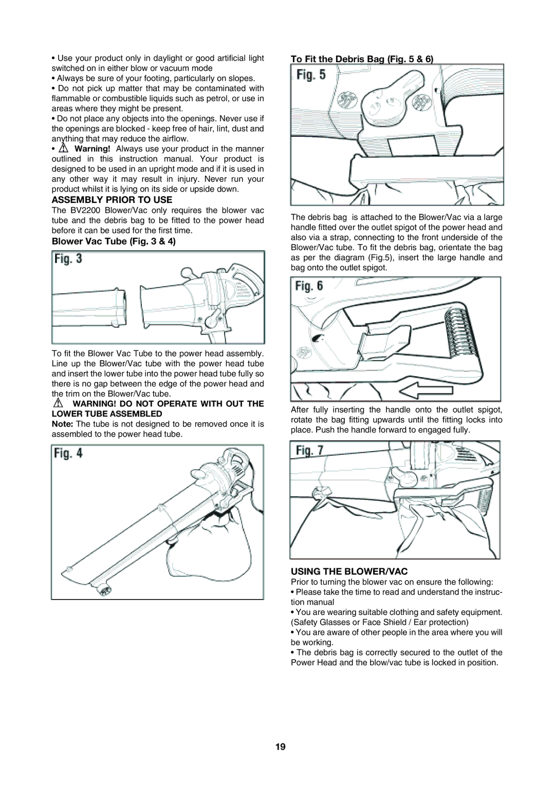 Black & Decker BV2200 Assembly Prior to USE, Blower Vac Tube, To Fit the Debris Bag, Using the BLOWER/VAC 