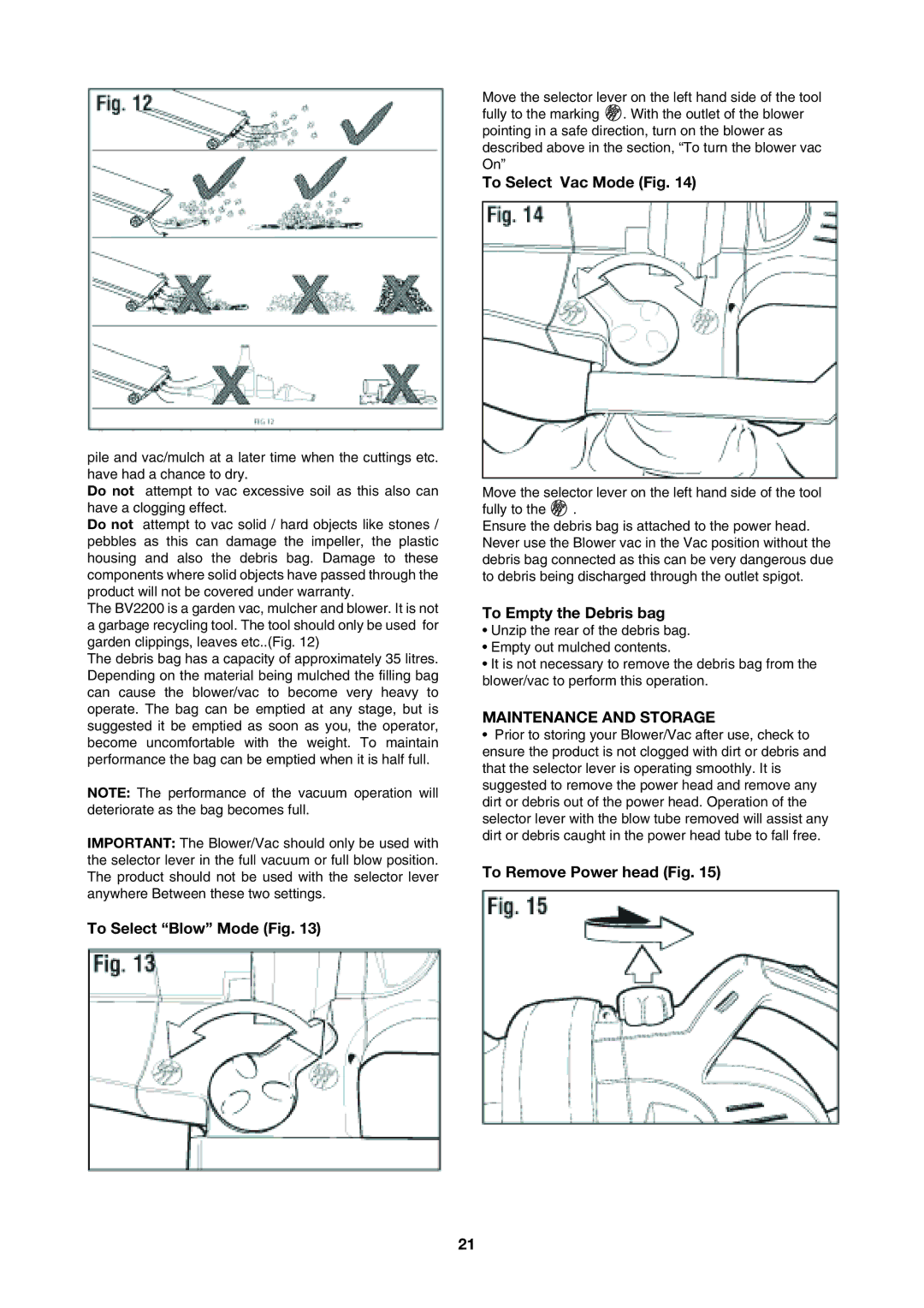 Black & Decker BV2200 To Select Blow Mode Fig, To Select Vac Mode Fig, To Empty the Debris bag, Maintenance and Storage 