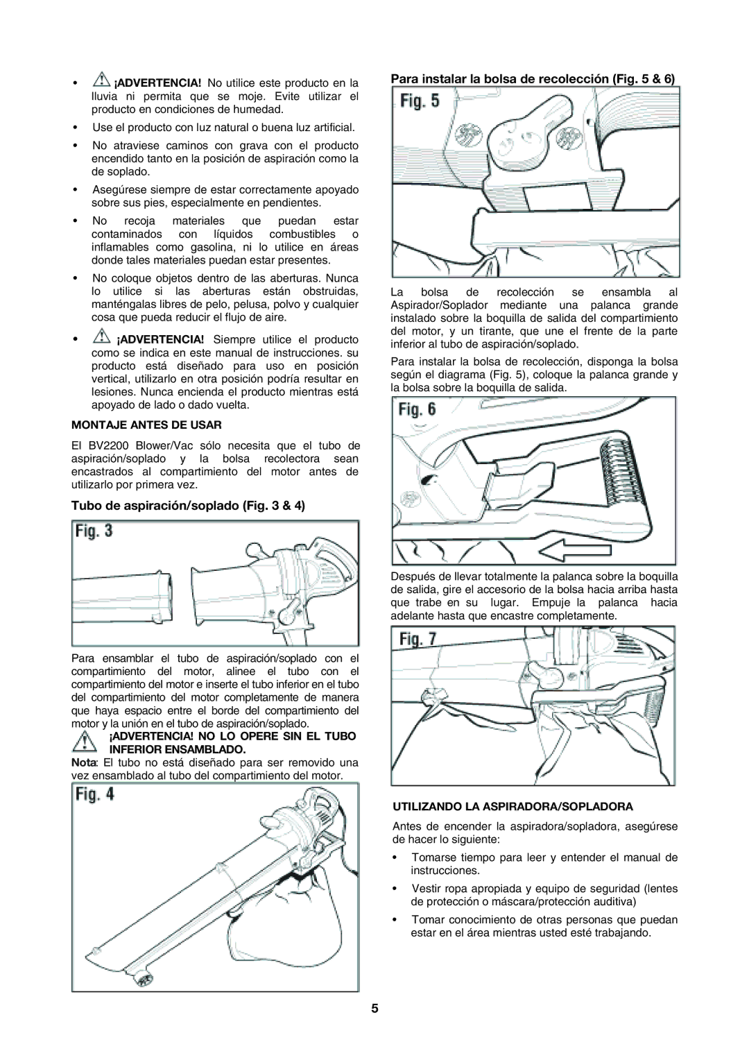 Black & Decker BV2200 Tubo de aspiración/soplado, Para instalar la bolsa de recolección, Montaje Antes DE Usar 