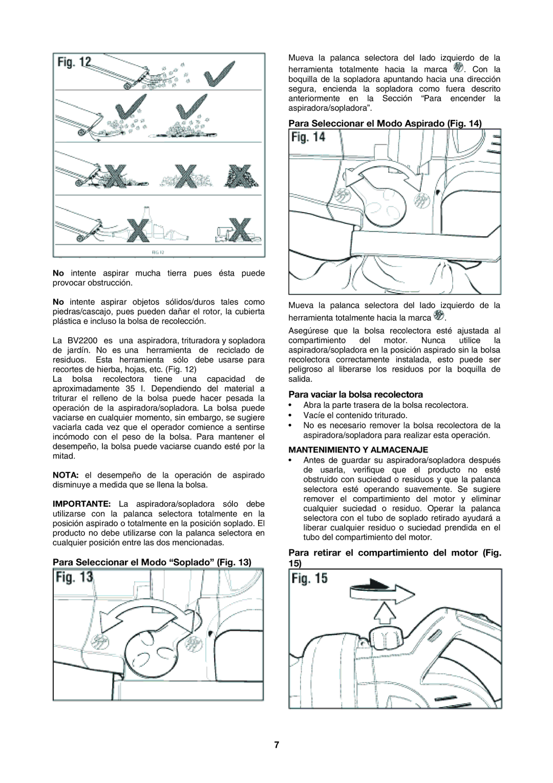 Black & Decker BV2200 instruction manual Para Seleccionar el Modo Soplado Fig, Para Seleccionar el Modo Aspirado Fig 