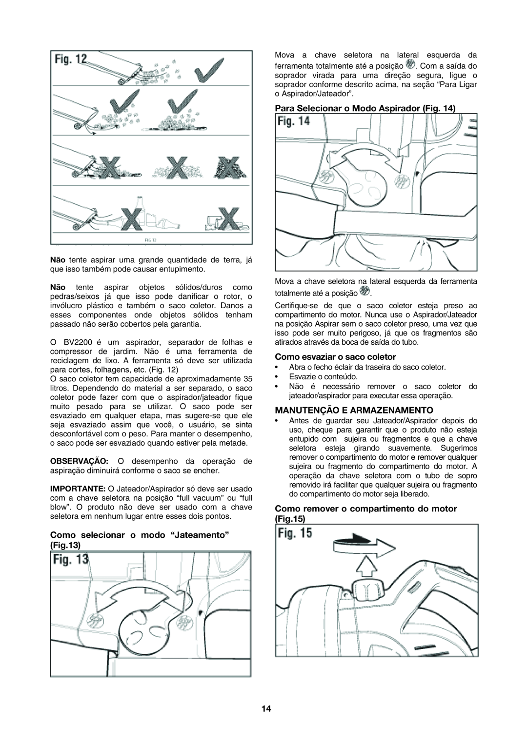 Black & Decker BV2200 instruction manual Como selecionar o modo “Jateamento”, Para Selecionar o Modo Aspirador Fig 
