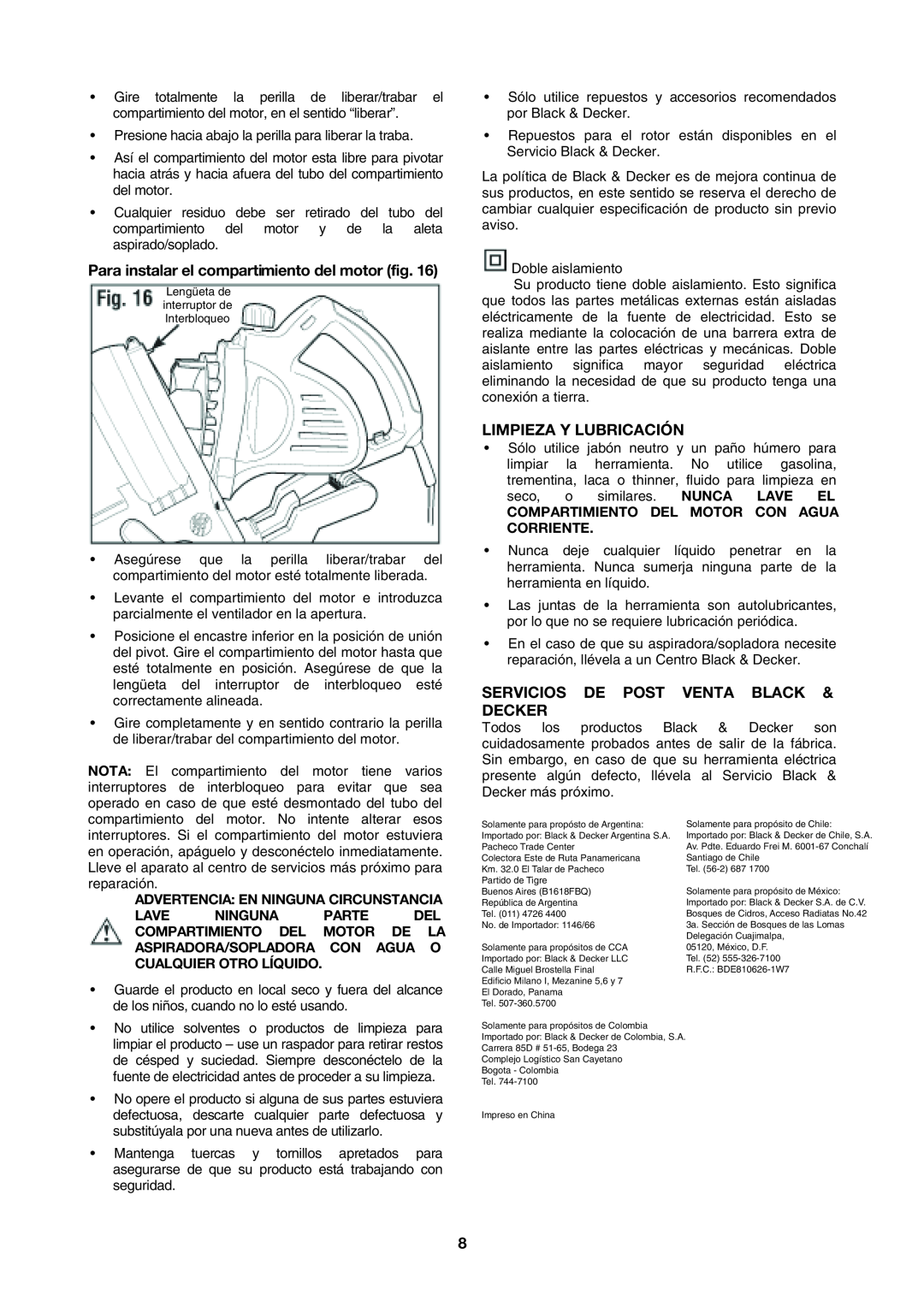Black & Decker BV2200 instruction manual Para instalar el compartimiento del motor fig, Limpieza Y Lubricación 