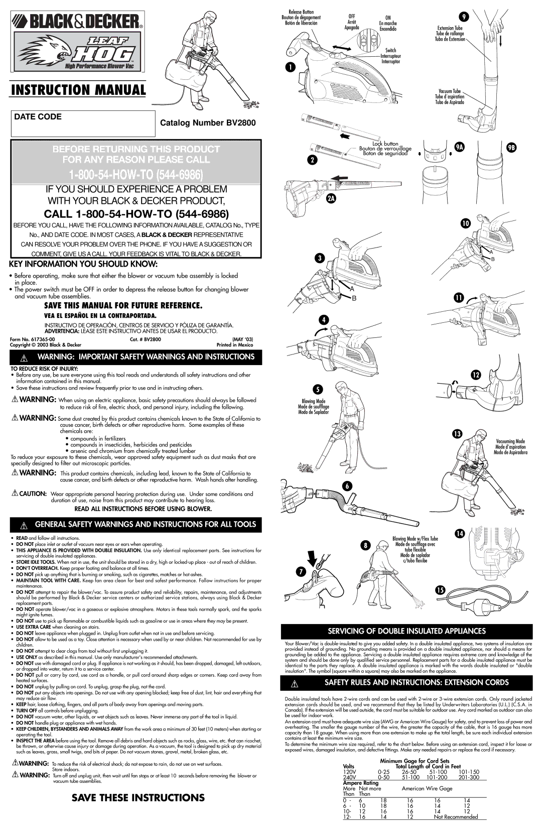 Black & Decker 617365-00, BV2800 instruction manual General Safety Warnings and Instructions for ALL Tools 