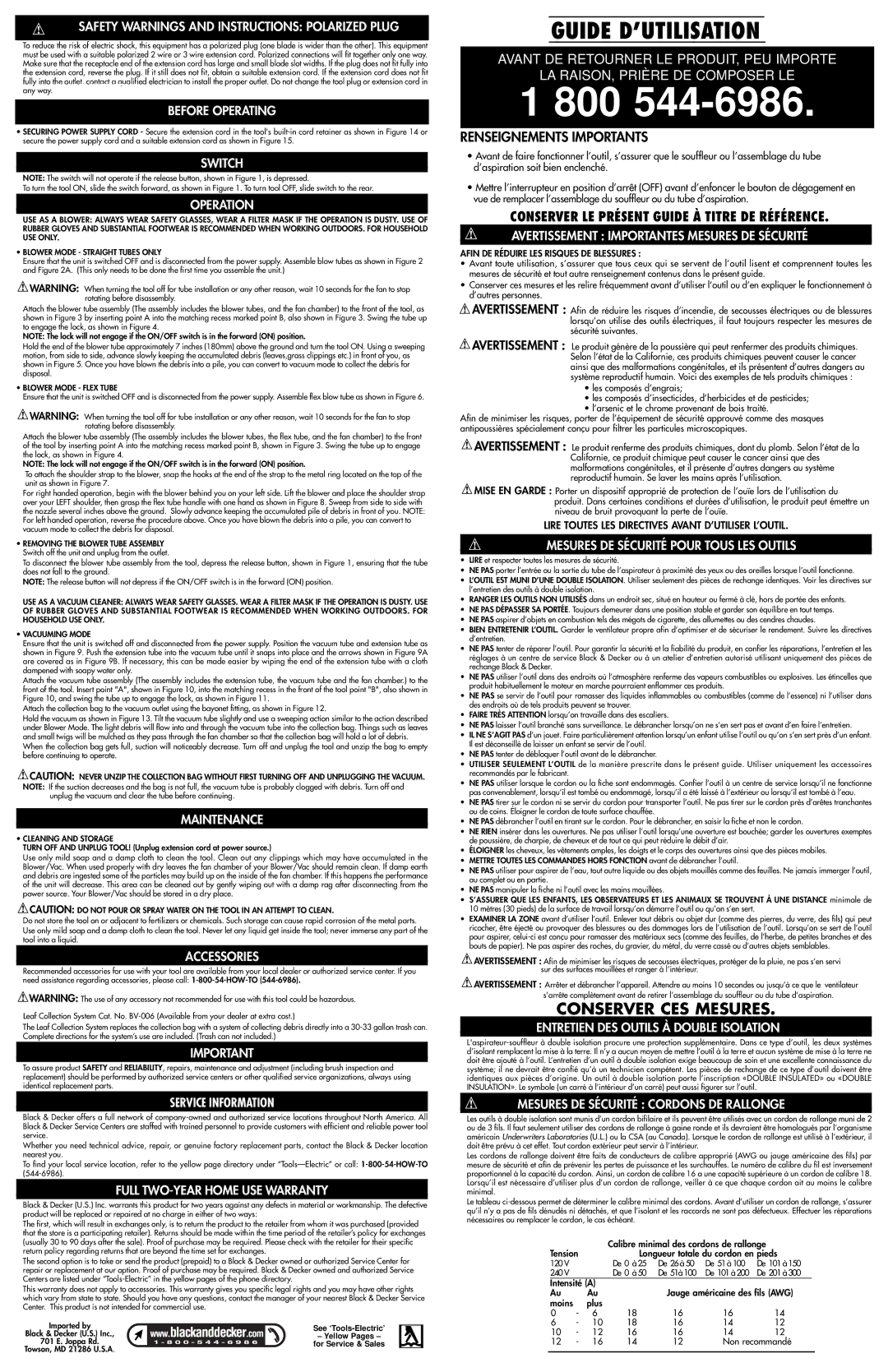 Black & Decker BV2800 Safety Warnings and Instructions Polarized Plug, Before Operating, Switch, Operation, Maintenance 