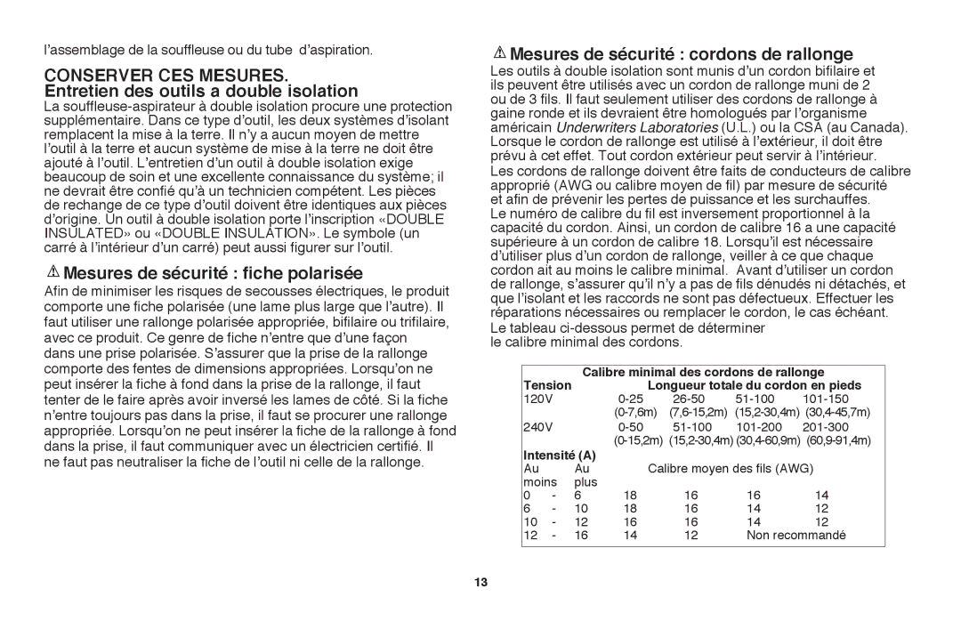 Black & Decker BV3100R Mesures de sécurité fiche polarisée, ’assemblage de la souffleuse ou du tube d’aspiration 