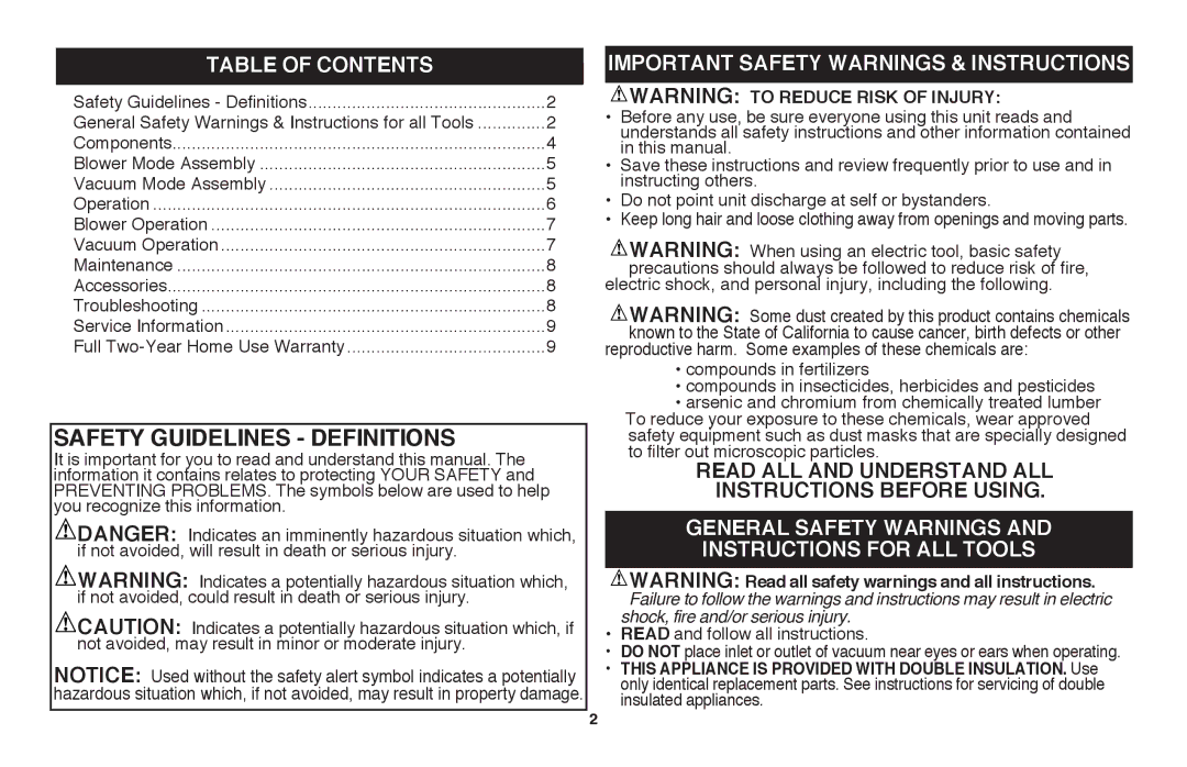 Black & Decker BV3100R instruction manual Table of Contents, Important Safety Warnings & Instructions 