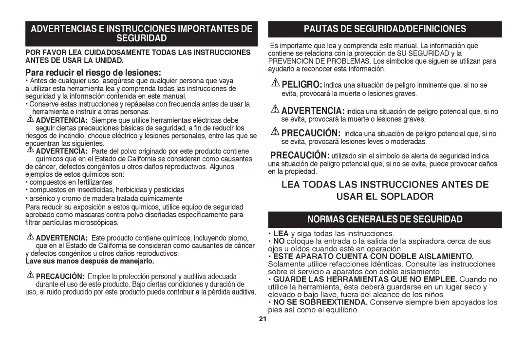 Black & Decker BV3100R instruction manual Seguridad, Para reducir el riesgo de lesiones, Pautas DE SEGURIDAD/DEFINICIONES 