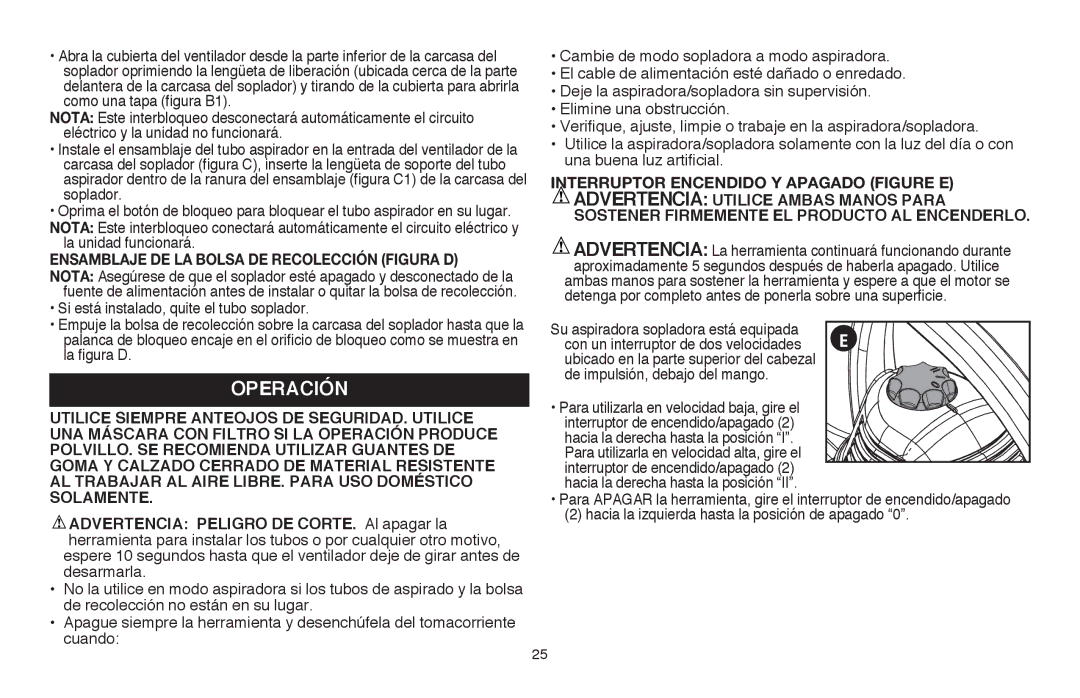 Black & Decker BV3100R instruction manual Operación, La unidad funcionará, Ensamblaje DE LA Bolsa DE Recolección Figura D 