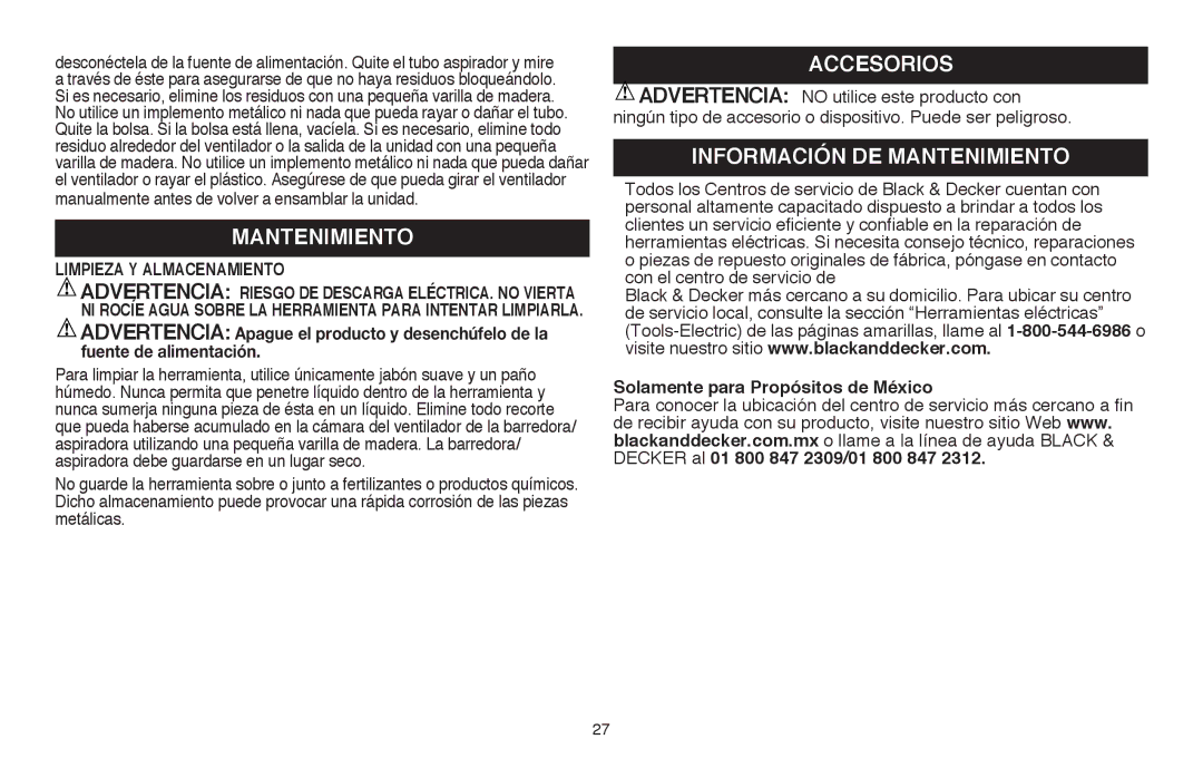 Black & Decker BV3100R instruction manual Accesorios, Información DE Mantenimiento, Limpieza Y Almacenamiento 