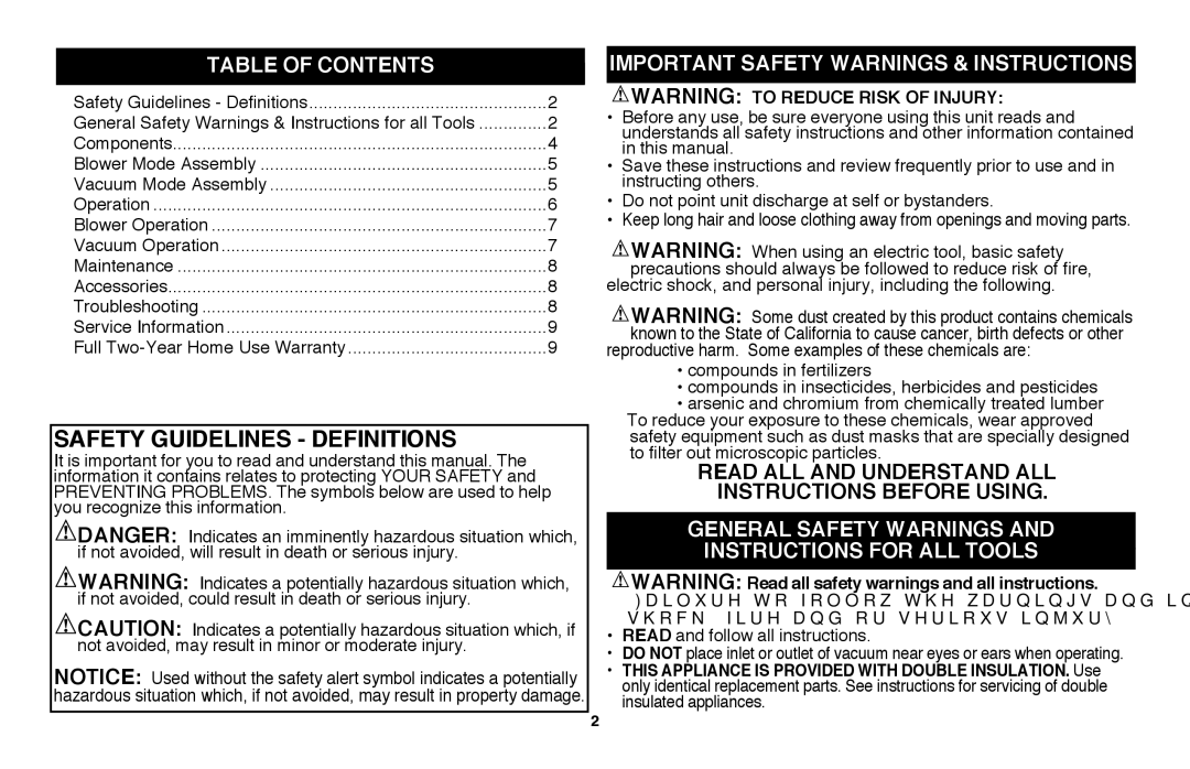 Black & Decker BV3100 instruction manual Table of Contents, Important Safety Warnings & Instructions 