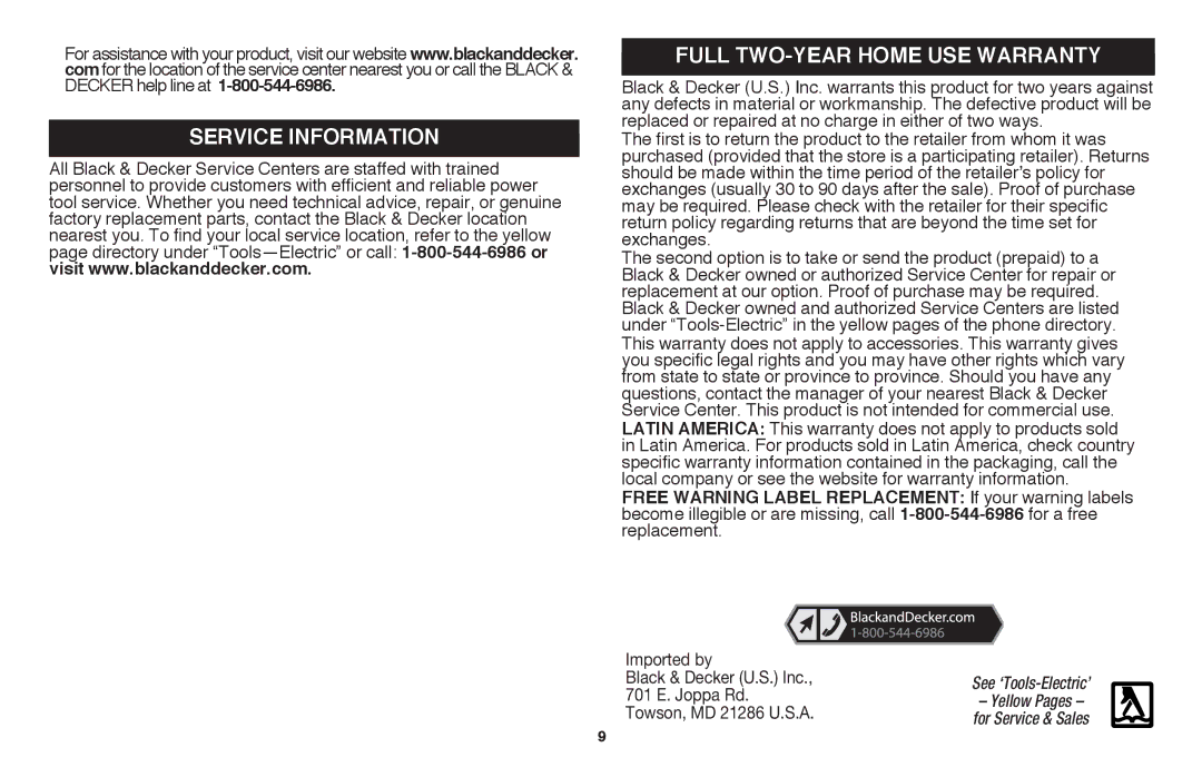 Black & Decker BV3100 instruction manual Service Information Full TWO-YEAR Home USE Warranty 