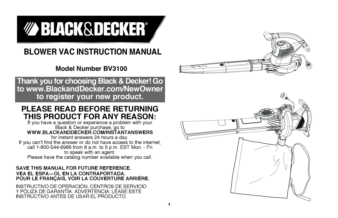 Black & Decker instruction manual Model Number BV3100, Pour Le Français, Voir La Couverture Arrière 