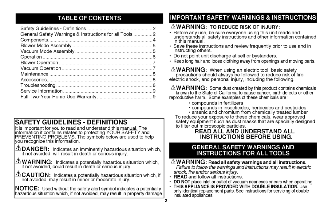 Black & Decker BV3100 Safety Guidelines - Definitions, Table Of Contents, Important Safety Warnings & Instructions 