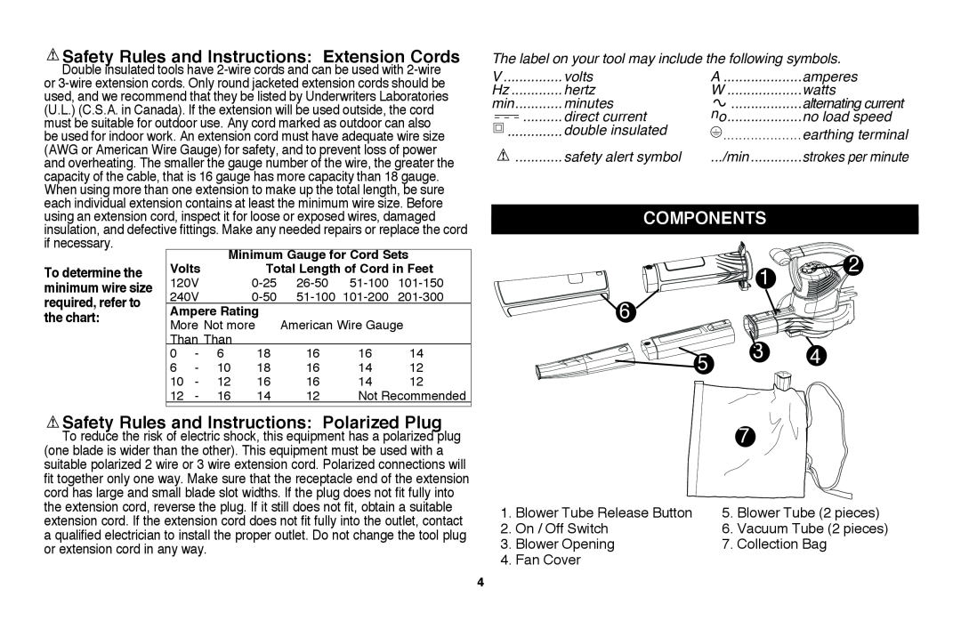 Black & Decker BV3100 Safety Rules and Instructions Extension Cords, Components, To determine the, required, refer to 
