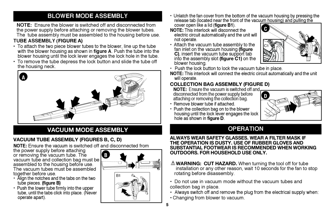 Black & Decker BV3100 instruction manual Blower Mode Assembly, Operation, Tube Assembly Figure A, Vacuum Mode Assembly 