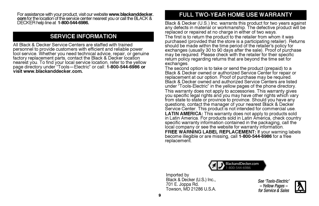 Black & Decker BV3100 Service Information, Full Two-Yearhome Use Warranty, Imported by, Black & Decker U.S. Inc 