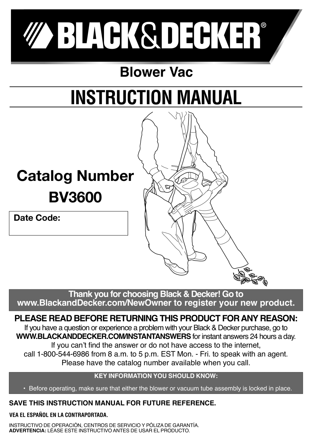 Black & Decker BV3600R instruction manual Catalog Number BV3600, VEA EL Español EN LA Contraportada 