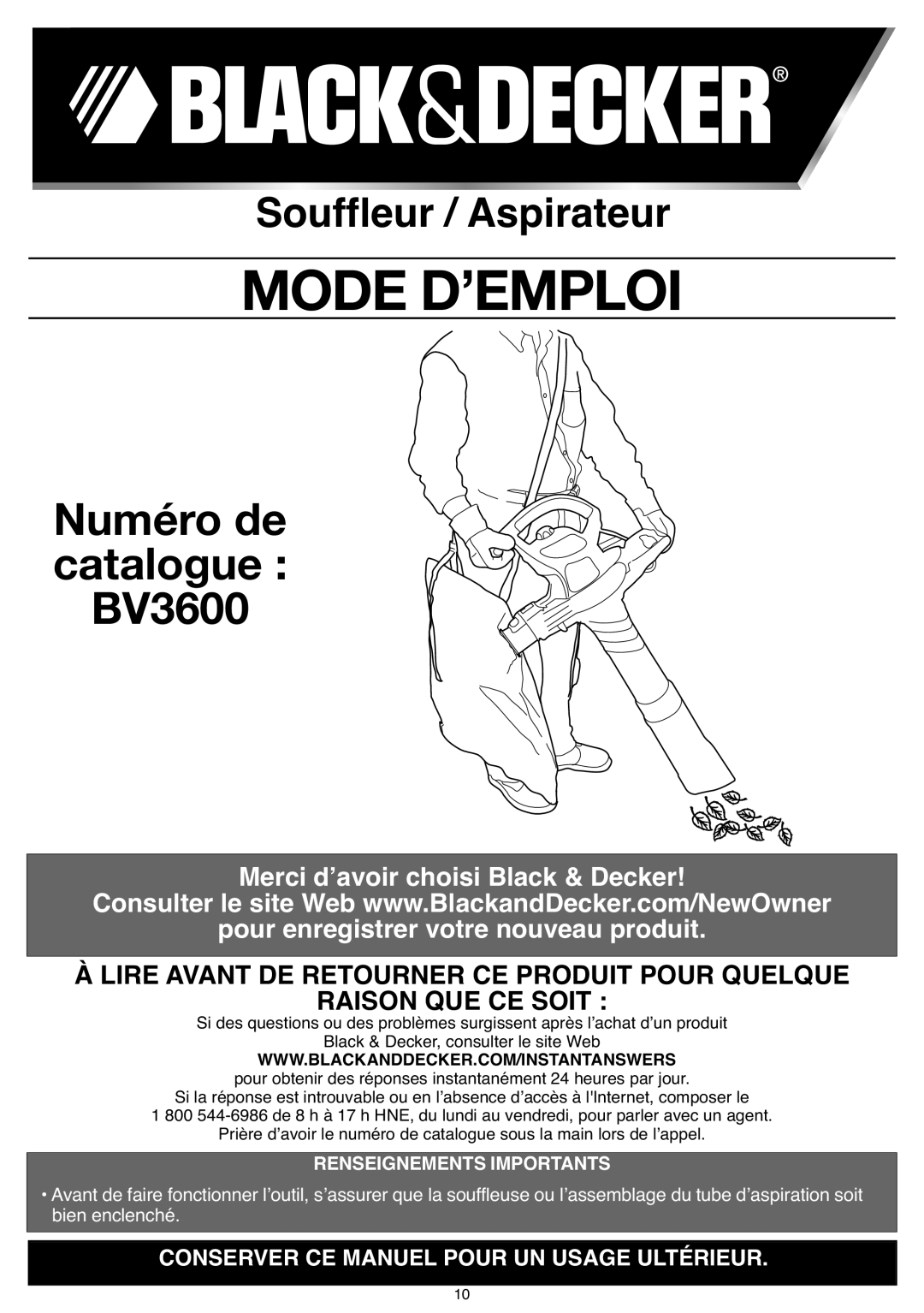 Black & Decker BV3600R instruction manual Mode D’EMPLOI 