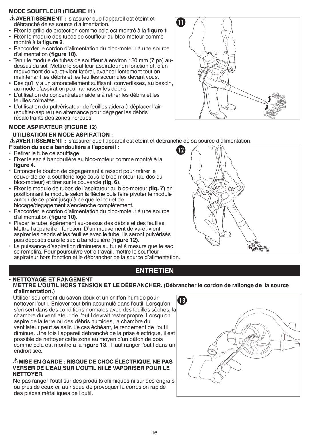 Black & Decker BV3600R Entretien, Mode Souffleur Figure, Mode Aspirateur Figure Utilisation EN Mode Aspiration 