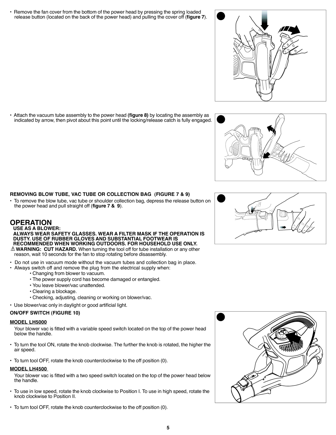 Black & Decker BL 1500M LH Operation, Removing Blow TUBE, VAC Tube or Collection BAG, USE AS a Blower, Model LH4500 