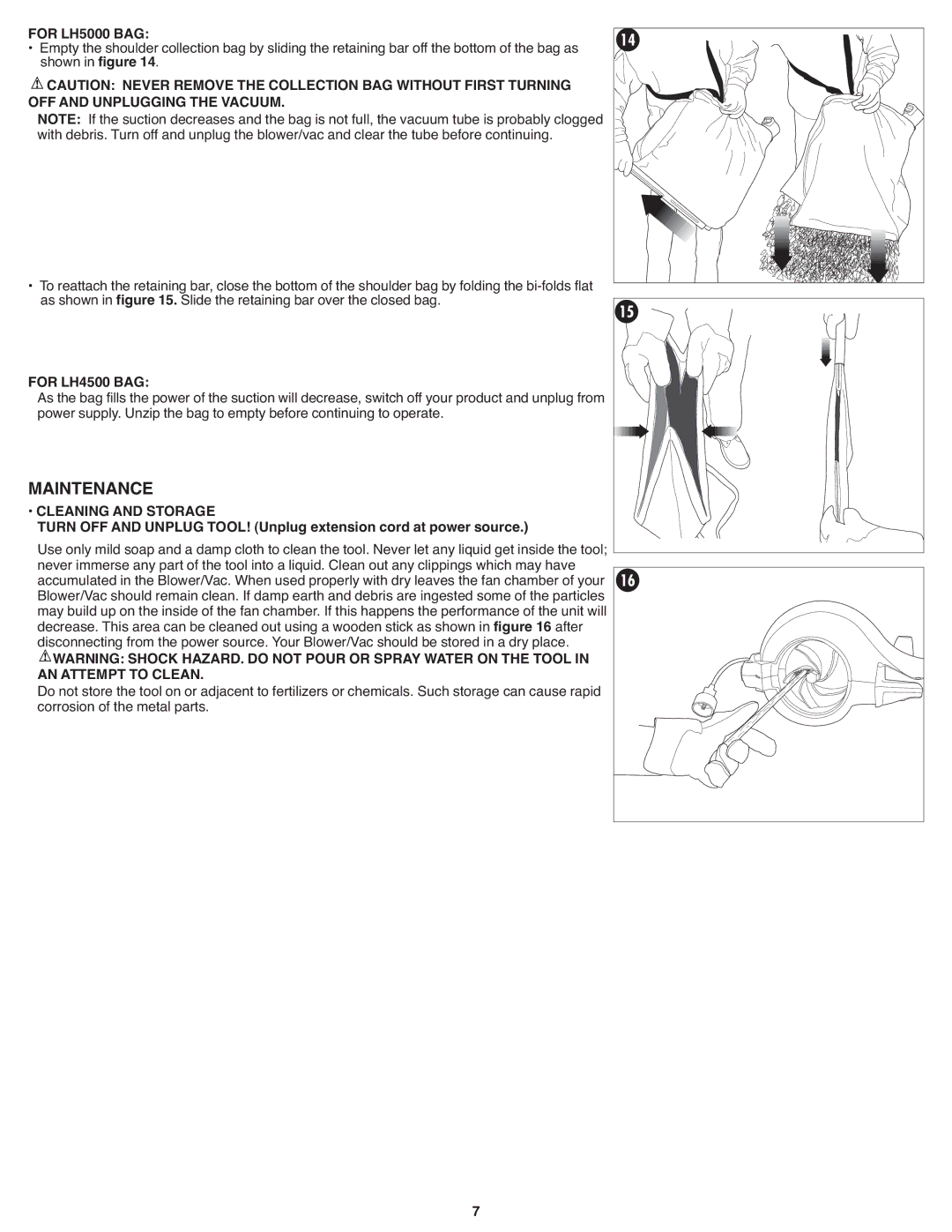 Black & Decker BL 1500M LH, BV3800 instruction manual Maintenance, For LH5000 BAG, For LH4500 BAG, Cleaning and Storage 