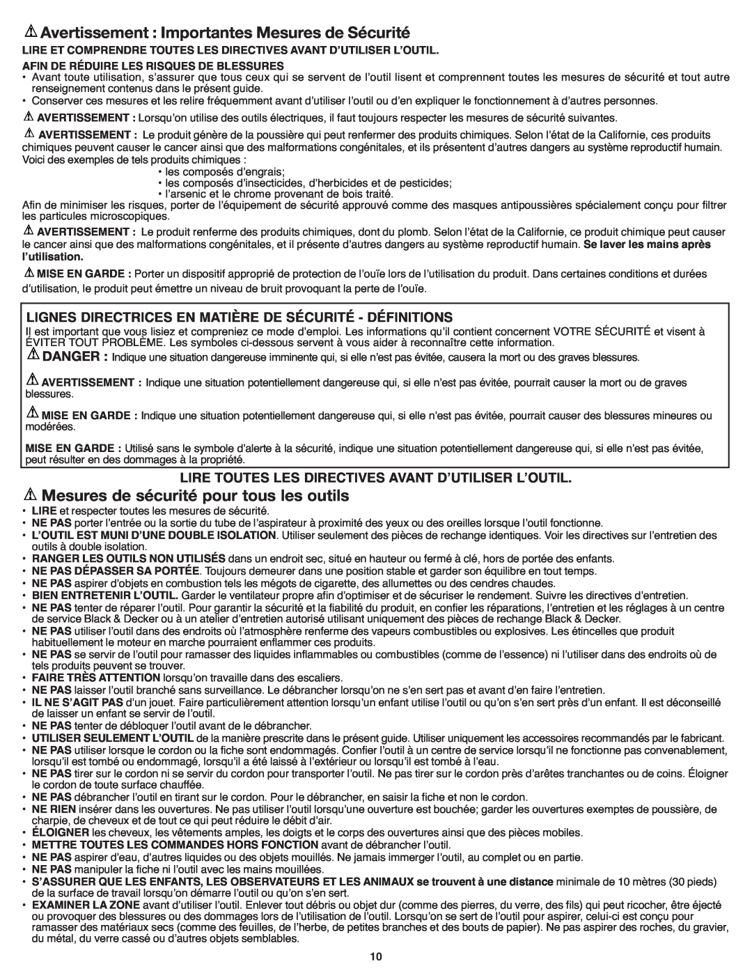 Black & Decker BV3800 Avertissement Importantes Mesures de Sécurité, Lire Toutes Les Directives Avant Dʼutiliser Lʼoutil 