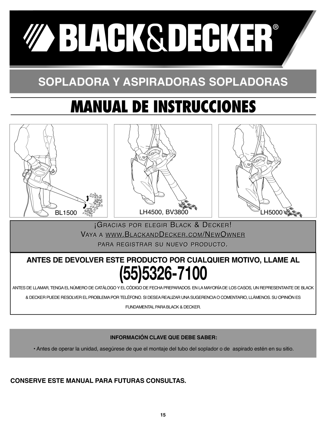 Black & Decker BL 1500M LH Manual De Instrucciones, Sopladora Y Aspiradoras Sopladoras, Istrar Su Nuevo Producto, Para Reg 