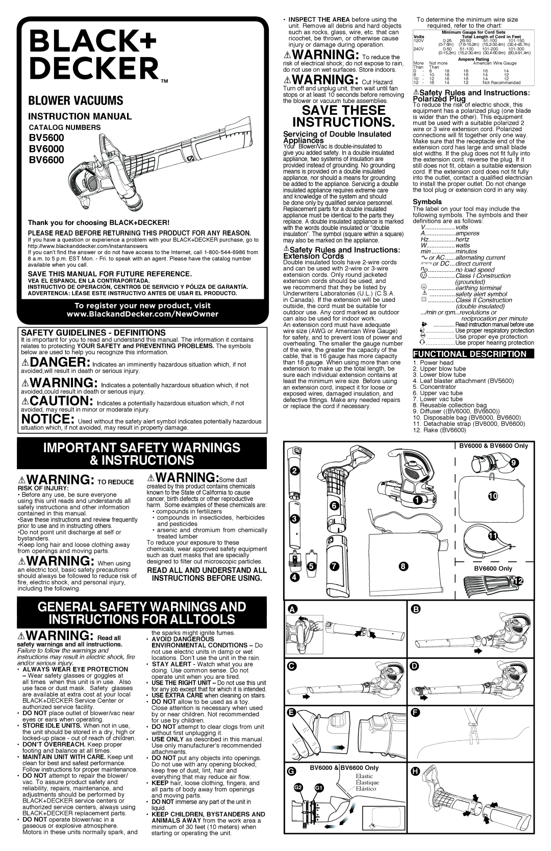 Black & Decker BV5600R instruction manual Save These Instructions, Blower Vacuums, BV5600 BV6000 BV6600 