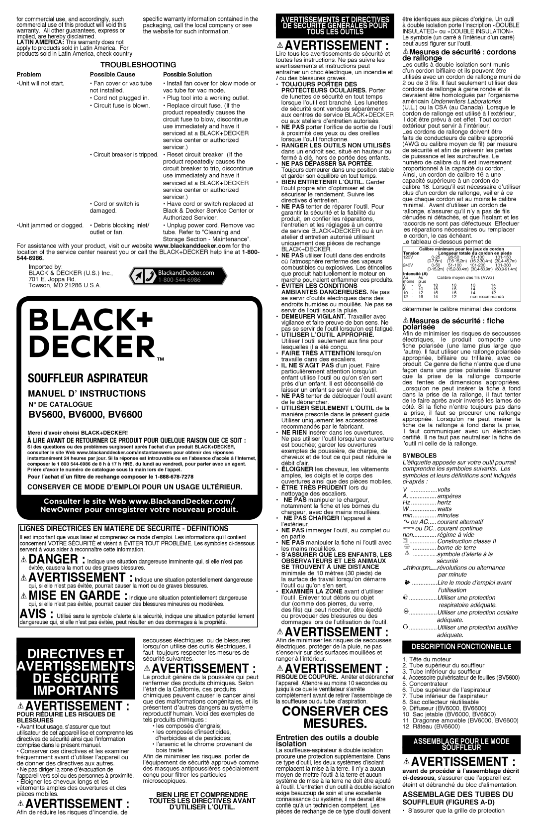 Black & Decker BV5600 Directives Et Avertissements De Sécurité Importants, Conserver Ces Mesures, souffleur Aspirateur 