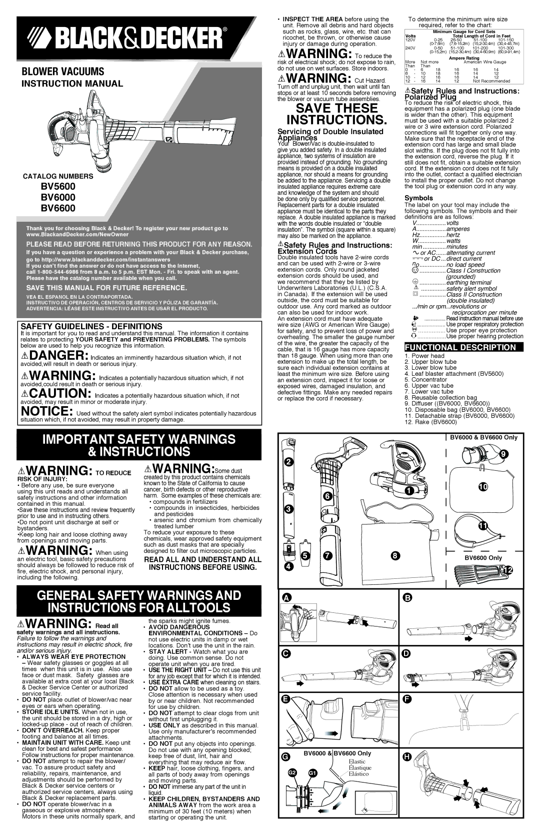 Black & Decker BV5600R instruction manual Save These Instructions, Blower Vacuums, BV5600 BV6000 BV6600 