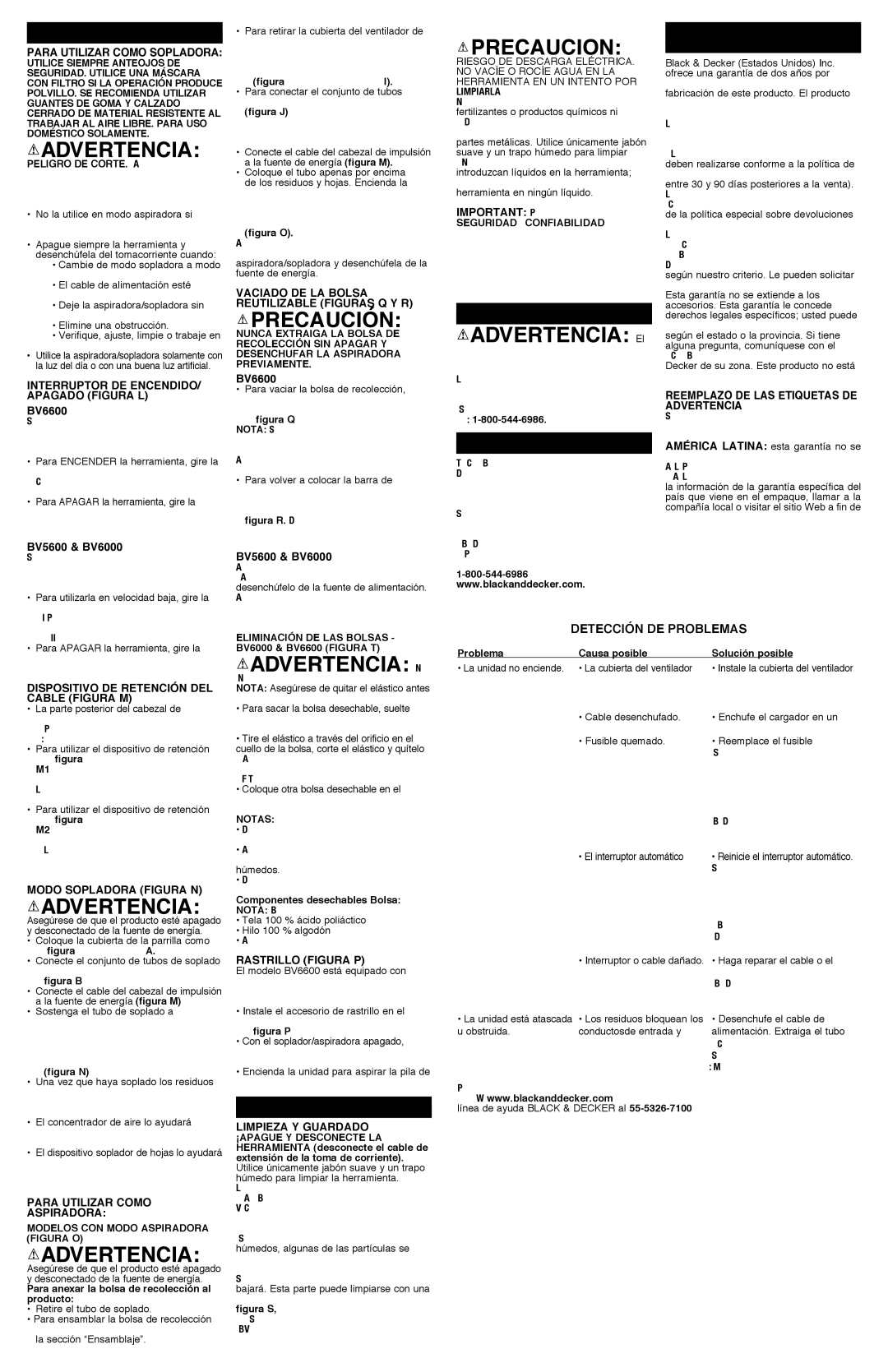 Black & Decker BV5600R instruction manual Precaución, Precaucion, Advertencia El 