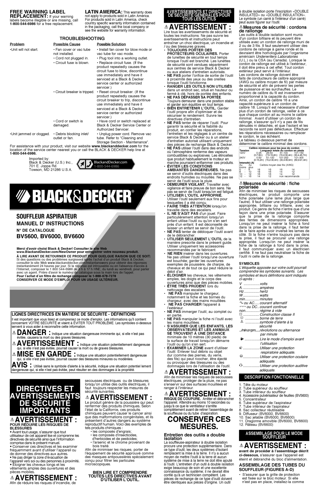 Black & Decker BV5600R Directives Et Avertissements De Sécurité Importants, Conserver Ces Mesures, free warning label 