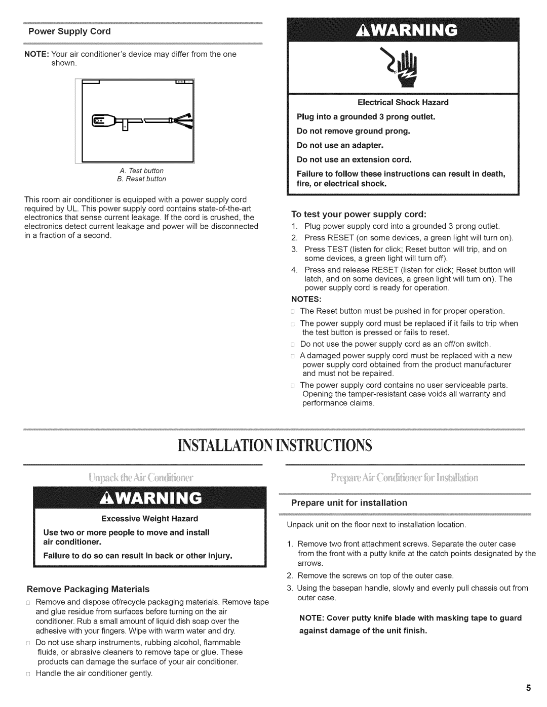 Black & Decker BWE25A, BWE15A, BWE18A manual Power Supply Cord, Excessive Weight Hazard 