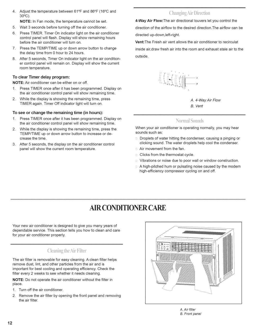 Black & Decker BWE15A manual Airconditionercare, To clear Timer delay program, NOTE Air conditioner can be either on or off 