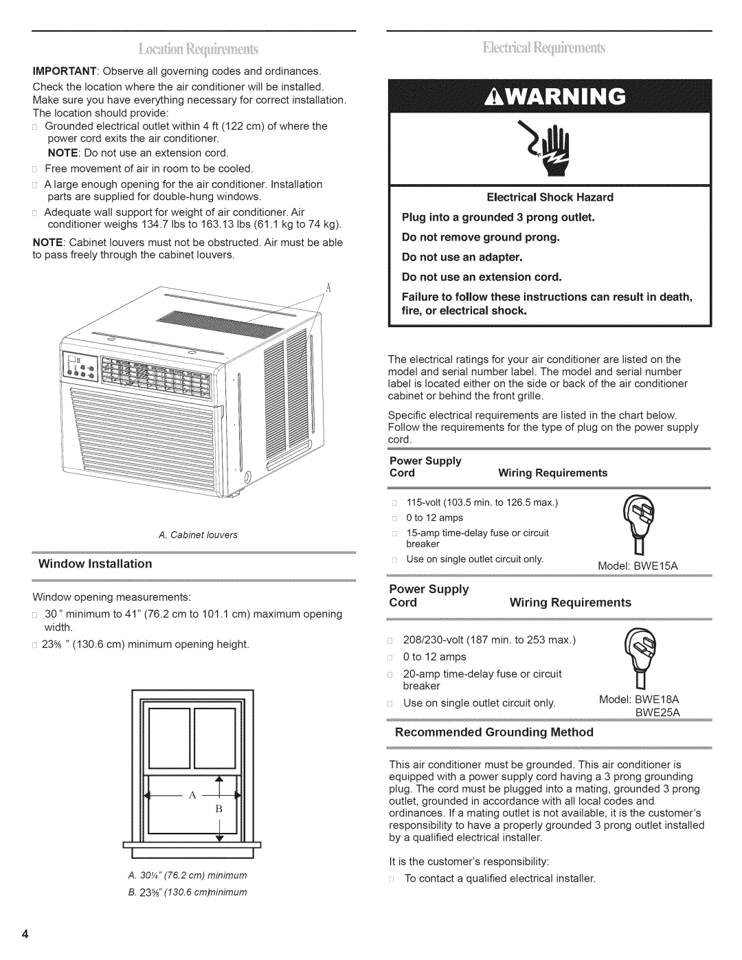 Black & Decker BWE18A manual A t, Power, Supply, Cord, Wiring, Requirements, A. Cabinet louvers, Do not remove ground prong 